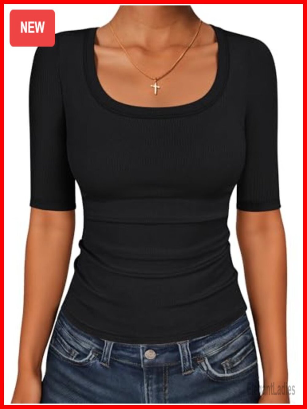 Ribbed Knit Scoop Neck Half Sleeve Slim Fitted Basic Tee Casual Top